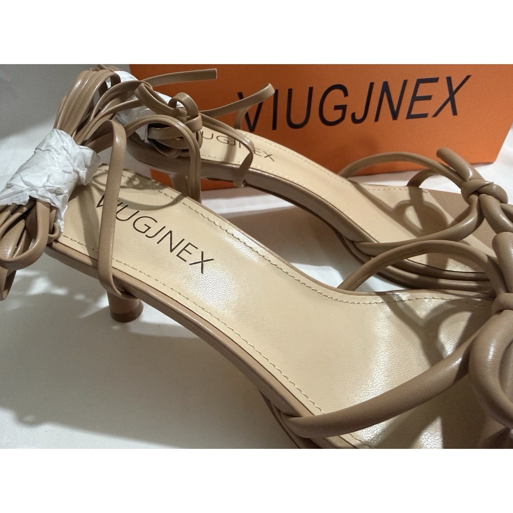 VIUGJNEX Tan Beige Strappy Kitten Heel Sandals Lace Up Ankle Tie Bow Size 7 - Picture 3 of 7